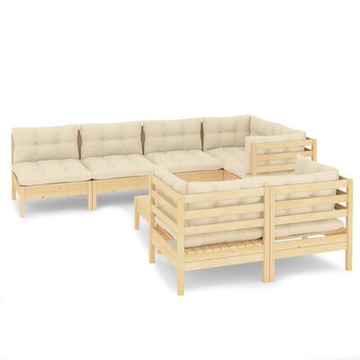 vidaXL 8 pcs conjunto lounge jardim c/ almofadões creme pinho maciço