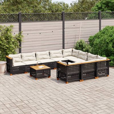 vidaXL 11 pcs conjunto sofás de jardim c/ almofadões vime PE preto