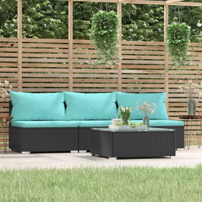 vidaXL 4 pcs conjunto lounge de jardim c/ almofadões vime PE preto