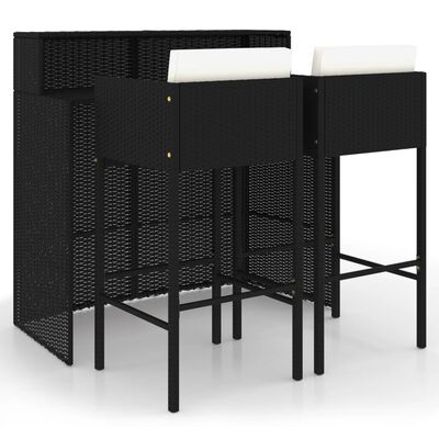 vidaXL 3 pcs conjunto de bar para jardim com almofadões vime PE preto