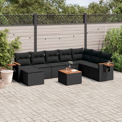 vidaXL 9 pcs conjunto de sofás p/ jardim c/ almofadões vime PE preto