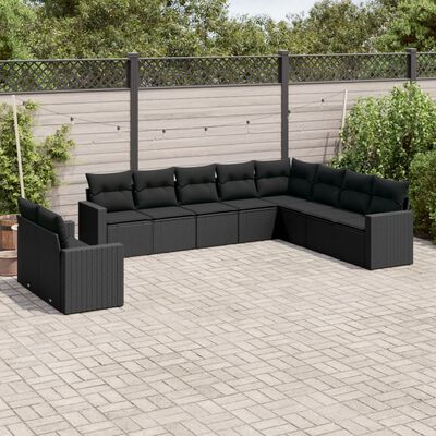 vidaXL 10 pcs conjunto sofás de jardim c/ almofadões vime PE preto