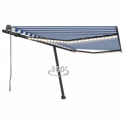 vidaXL Toldo autom. c/ LED e sensor de vento 450x300 cm azul/branco