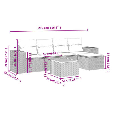 vidaXL 6 pcs conjunto de sofás p/ jardim com almofadões vime PE bege