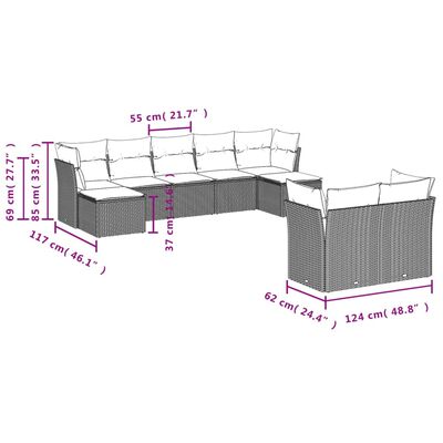 vidaXL 9 pcs conjunto de sofás p/ jardim c/ almofadões vime PE preto