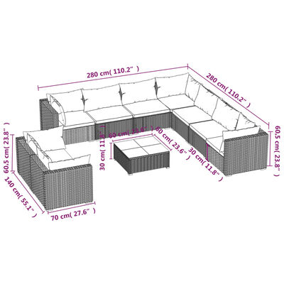 vidaXL 10 pcs conjunto lounge de jardim c/ almofadões vime PE preto