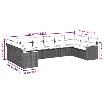 vidaXL 10 pcs conjunto sofás de jardim c/ almofadões vime PE preto