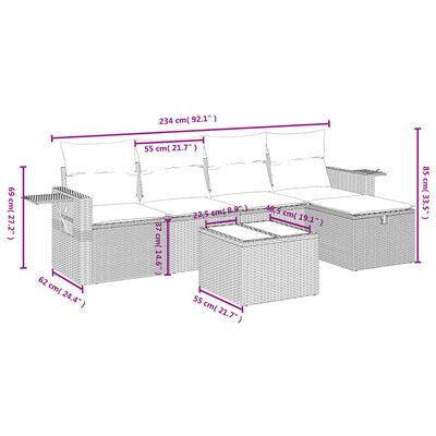 vidaXL 6 pcs conjunto sofás de jardim c/ almofadões vime PE preto