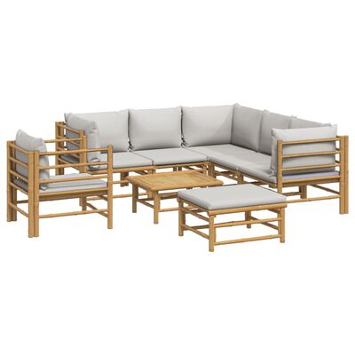 vidaXL 8 pcs conj. lounge de jardim bambu c/ almofadões cinzento-claro