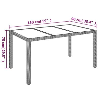 vidaXL Mesa de jardim com tampo de vidro 150x90x75 cm vime PE preto