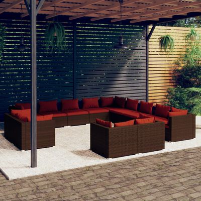 vidaXL 13 pcs conjunto lounge jardim c/ almofadões vime PE castanho