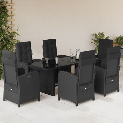 vidaXL 7 pcs conjunto de jantar p/ jardim c/ almofadões vime PE preto