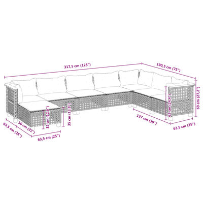 vidaXL 8 pcs conjunto sofás de jardim com almofadões vime PE preto