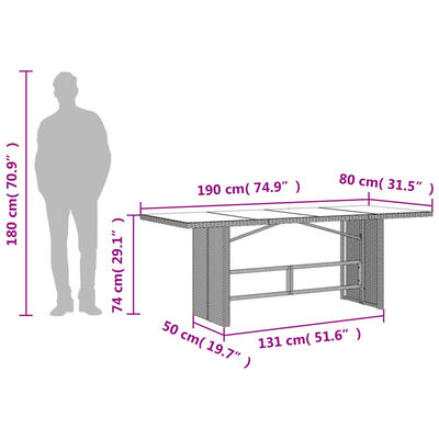 vidaXL Mesa de jardim com tampo de vidro 190x80x74 cm vime PE bege