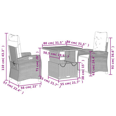 vidaXL 3 pcs conjunto de jantar p/ jardim c/ almofadões vime PE cinza