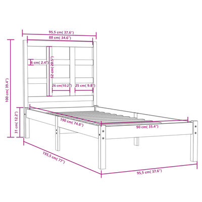 vidaXL Estrutura de cama solteiro 90x190 cm madeira maciça preto