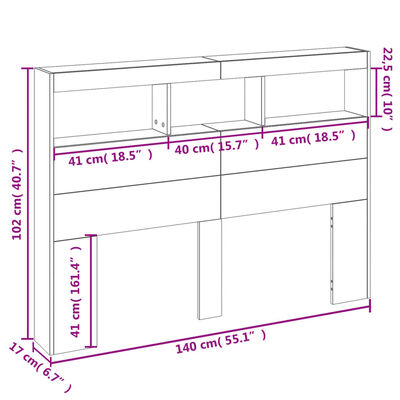 vidaXL Armário de cabeceira c/ luzes LED 140x17x102cm cinzento cimento