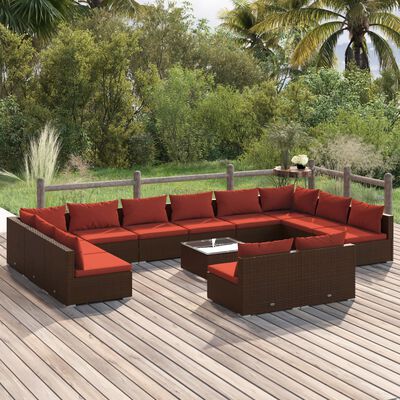 vidaXL 13 pcs conjunto lounge jardim c/ almofadões vime PE castanho