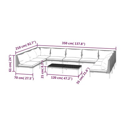 vidaXL 10 pcs conj. lounge jardim c/ almofadões vime PE cinza-escuro