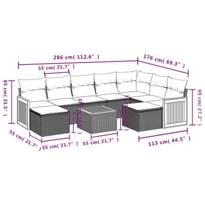 vidaXL 10 pcs conjunto sofás de jardim c/ almofadões vime PE cinzento