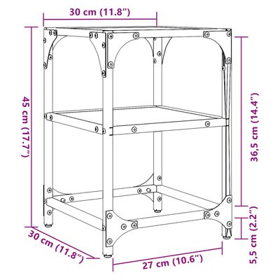 vidaXL Mesa de centro c/ tampo em vidro transparente 30x30x45 cm aço