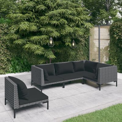 vidaXL 5 pcs conj. lounge jardim c/ almofadões vime PE cinzento-escuro