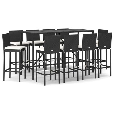 vidaXL 11 pcs conjunto de bar p/ jardim c/ almofadões vime PE preto