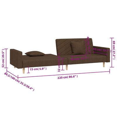 vidaXL Sofá-cama 2 lugares com duas almofadas tecido castanho