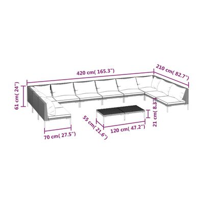 vidaXL 11pcs conj. lounge jardim c/ almofadões vime PE cinzento-escuro