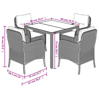 vidaXL 5 pcs conjunto de jantar p/ jardim c/ almofadões vime PE cinza