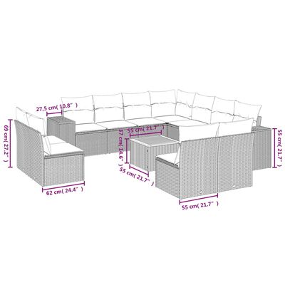 vidaXL 12 pcs conjunto de sofás jardim c/ almofadões vime PE cinzento