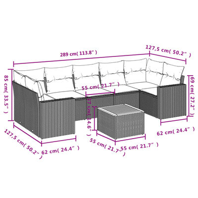 vidaXL 8 pcs conjunto sofás de jardim com almofadões vime PE preto