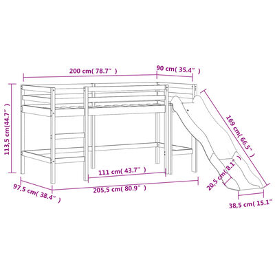 vidaXL Cama alta para criança com escorrega 90x200 cm pinho maciço