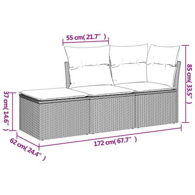 vidaXL 3 pcs conjunto sofás de jardim com almofadões vime PE castanho