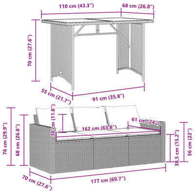 vidaXL 2 pcs conjunto de jantar p/ jardim c/ almofadões vime PE preto