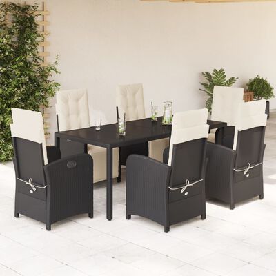 vidaXL 7 pcs conjunto de jantar p/ jardim c/ almofadões vime PE preto