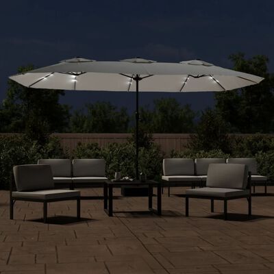 vidaXL Guarda-sol com cabeça dupla e luzes LED 449x245 cm branco areia