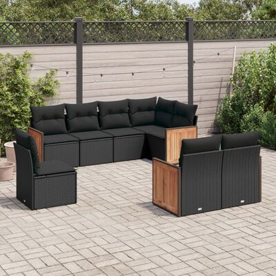 vidaXL 8 pcs conjunto sofás de jardim com almofadões vime PE preto