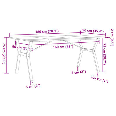 vidaXL Mesa de jantar estrutura em Y 180x90x75cm pinho e ferro fundido