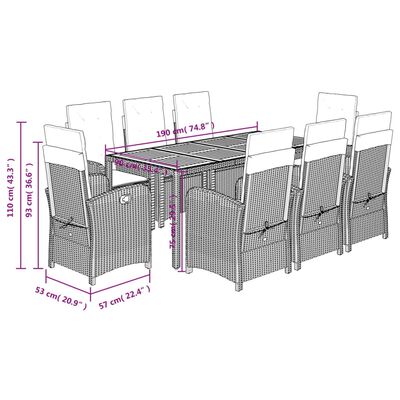 vidaXL 9 pcs conjunto de jantar p/ jardim c/ almofadões vime PE cinza