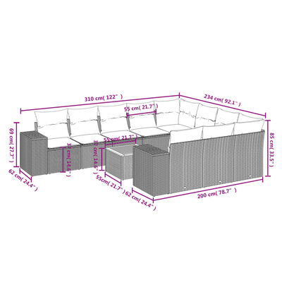 vidaXL 11 pcs conjunto sofás de jardim c/ almofadões vime PE bege