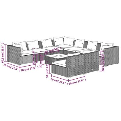 vidaXL 10 pcs conjunto lounge jardim c/ almofadões vime PE castanho