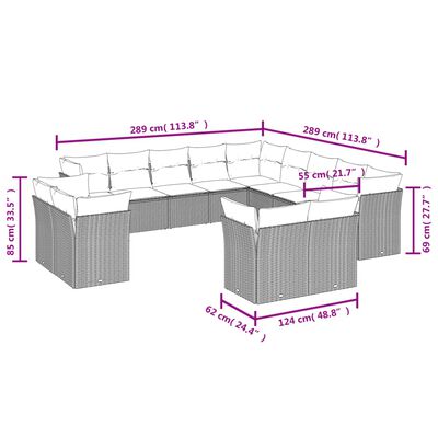 vidaXL 13 pcs conjunto sofás p/ jardim c/ almofadões vime PE cinzento