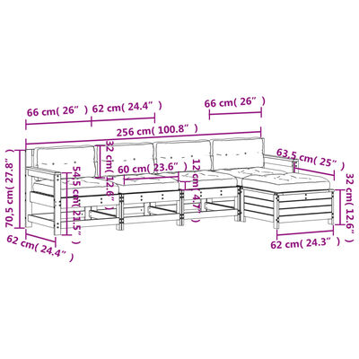 vidaXL 5 pcs conjunto lounge de jardim c/ almofadões pinho maciço