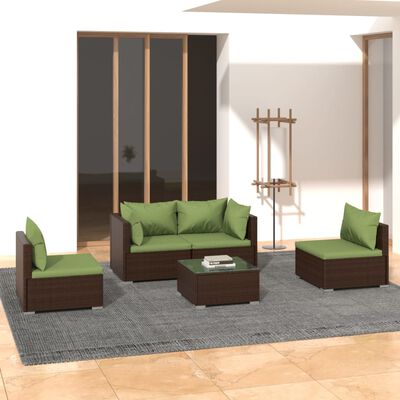 vidaXL 5 pcs conjunto lounge jardim c/ almofadões vime PE castanho