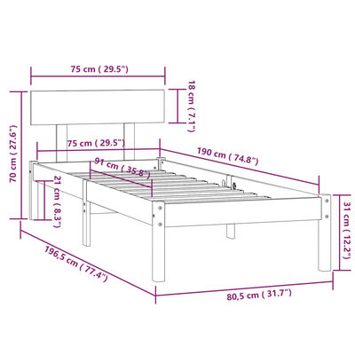 vidaXL Estrutura cama pequena solteiro 75x190 cm madeira maciça preto