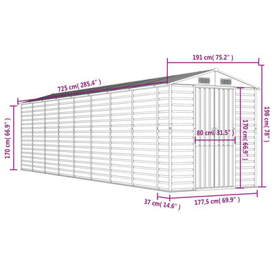 vidaXL Abrigo de jardim 191x725x198 cm aço galvanizado cinzento-claro