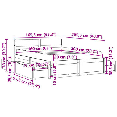 vidaXL Cama com gavetas e colchão 160x200 cm pinho maciço