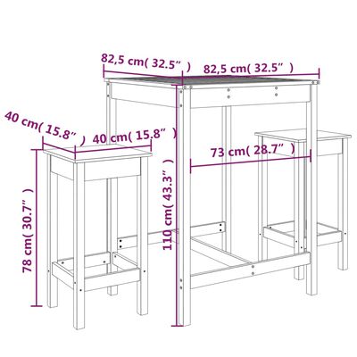 vidaXL 3 pcs conjunto de bar para jardim pinho maciço cinzento