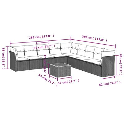 vidaXL 10 pcs conjunto de sofás p/ jardim com almofadões vime PE bege